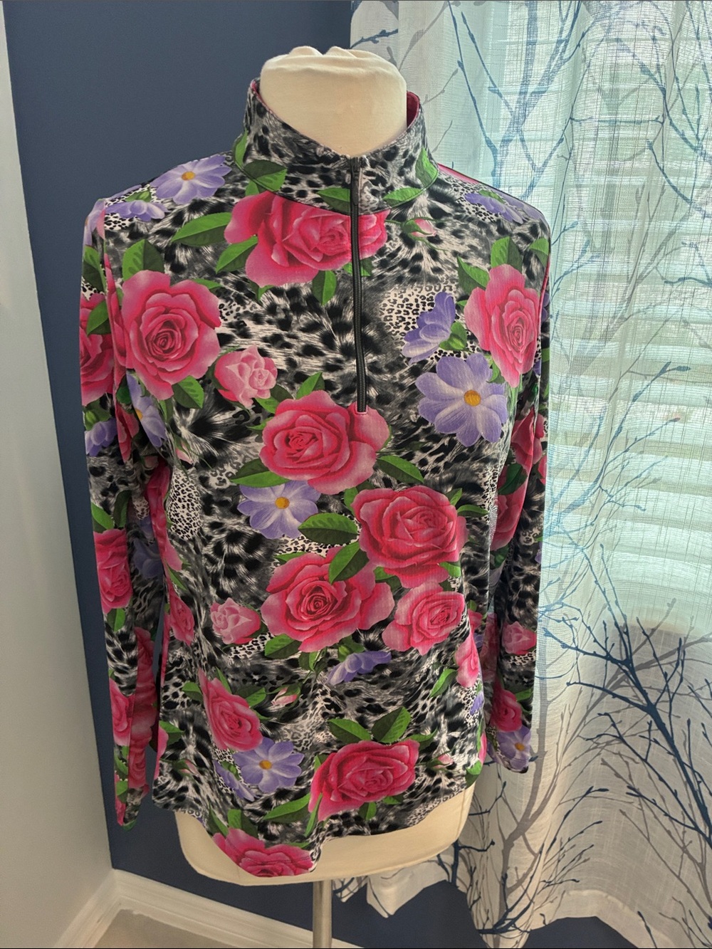 IBKUL Floral & Leopard Print Quarter-Zip Pullover - Pink Roses & Purple Blooms